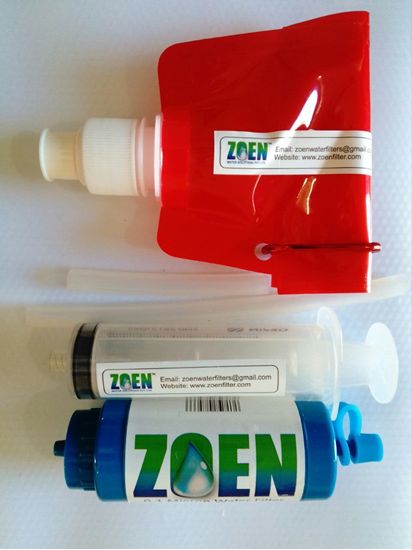 Picture of ZOEN HIKER.                                        Can manage straw & pouch methods of filtration options . Please visit "how it works" from Main Menu.